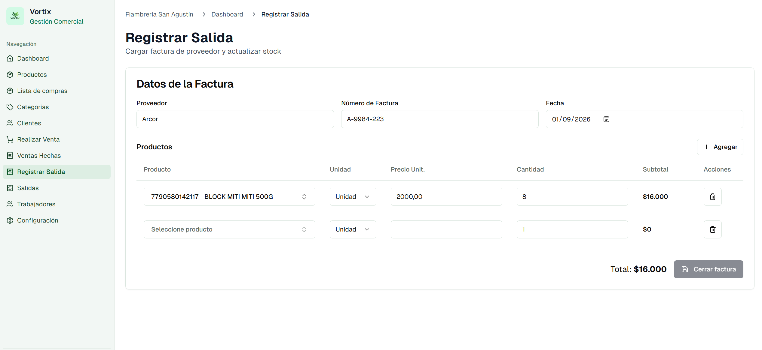 Pantalla para registrar salidas en Vortix